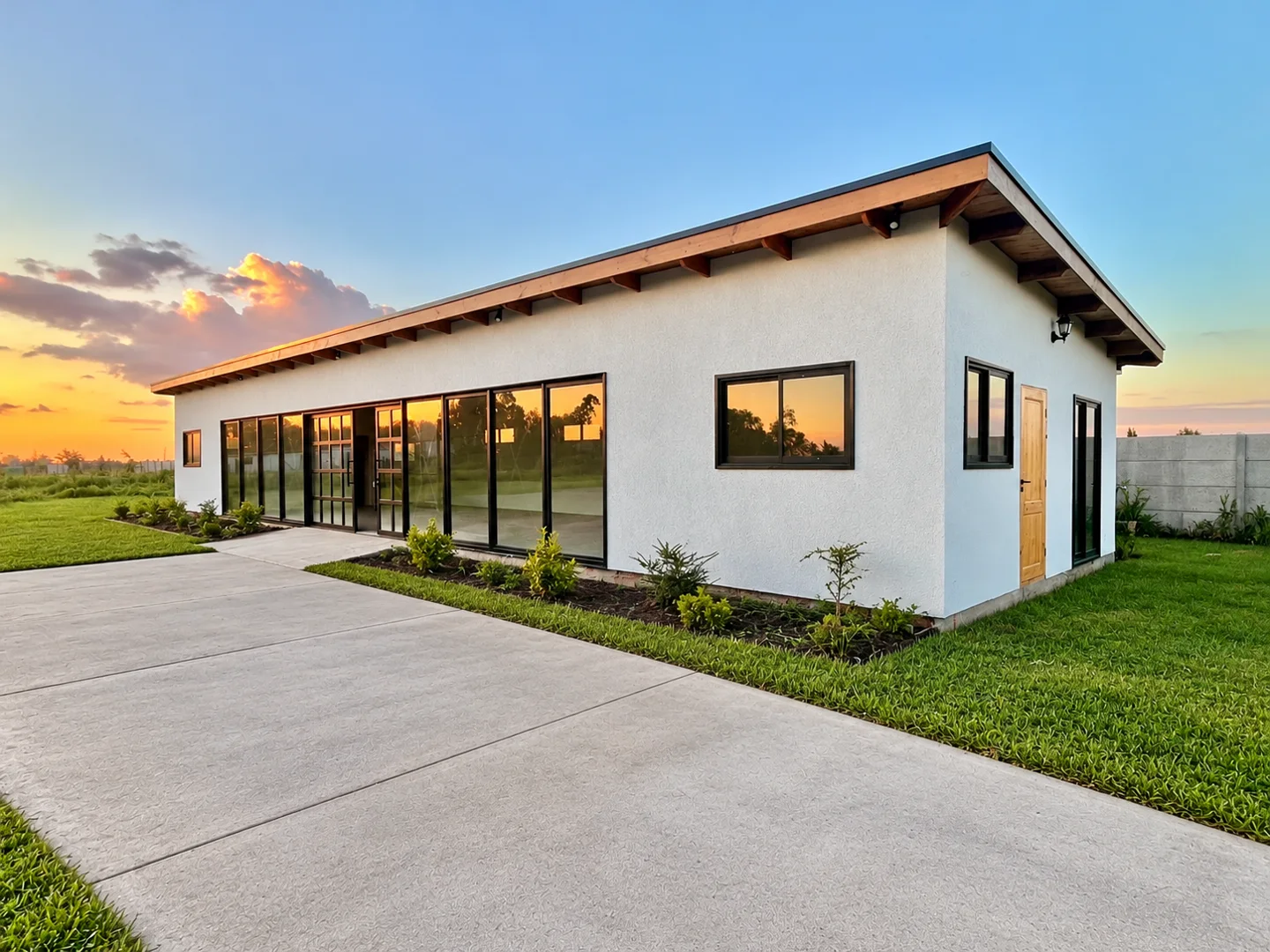 Edificio del coworking con ventanales y áreas verdes